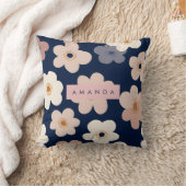 Personalized Retro Navy Blue Floral Blooms クッション (ブランケット)