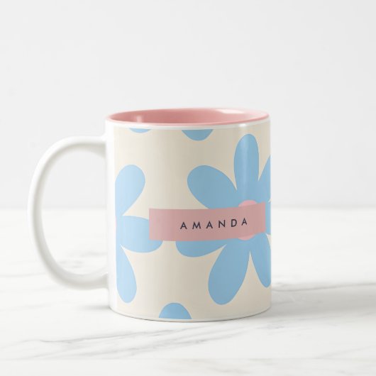 Personalized Retro Pastel Blue Daisy Floral ツートーンマグカップ (左)