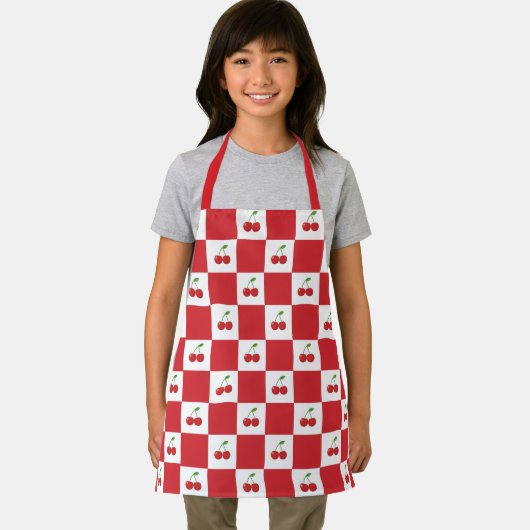 Personalized Retro Red Cherry & Gingham Checkered  エプロン (インサイチュ)