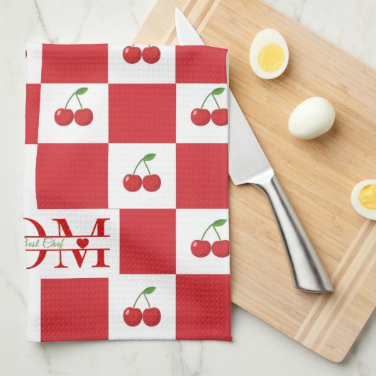 Personalized Retro Red Cherry & Gingham Checkered  キッチンタオル (四つ折り)