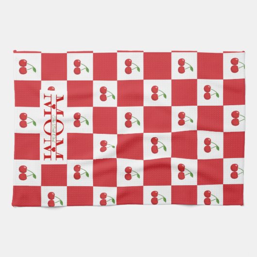 Personalized Retro Red Cherry & Gingham Checkered  キッチンタオル (横)