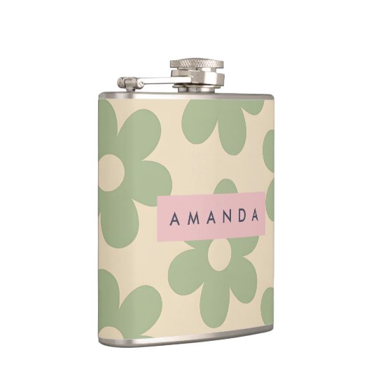 Personalized Retro Sage Green Daisy Flower フラスク (右)