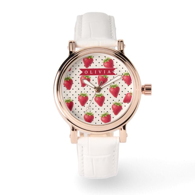 Personalized Retro Strawberry Polka Dot Vintage 腕時計 (正面)