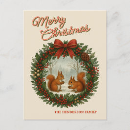 Personalized Retro Wreath With Cute Squirrels シーズンポストカード