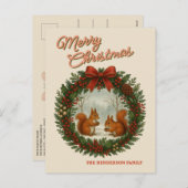 Personalized Retro Wreath With Cute Squirrels シーズンポストカード (正面/裏面)