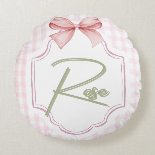 Personalized Rose Baby Girl Nursery Bow&Gingham ラウンドクッション (正面)