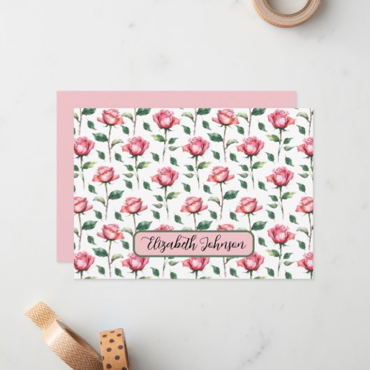 Personalized Rose Floral Botanical Note Card ノートカード (正面/裏面インサイチュ)