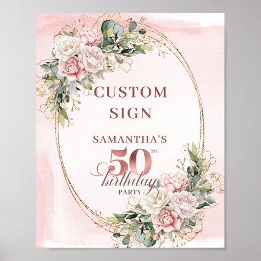 Personalized Rose Gold Botanical 50th Birthday ポスター (正面)