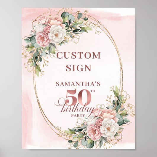Personalized Rose Gold Floral 50th Birthday Custom ポスター (正面)