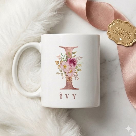Personalized Rose Gold Floral Letter I Monogram コーヒーマグカップ