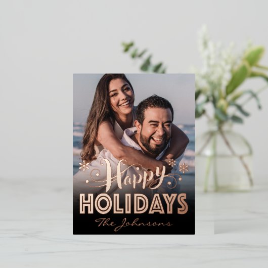 Personalized Rose Gold Foil Holiday Photo Postcard 箔シーズンポストカード (立ち正面)