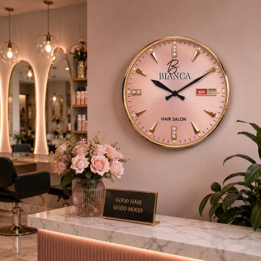 Personalized Rose Gold Hair Salon ラージ壁時計