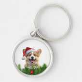 Personalized Round Keychain – Santa Paws Corgi  キーホルダー (正面)