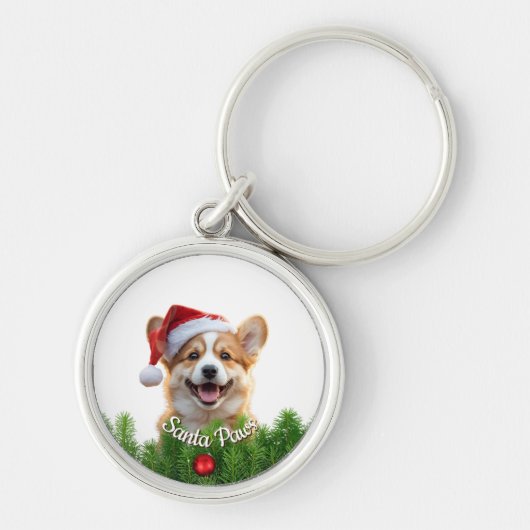 Personalized Round Keychain – Santa Paws Corgi  キーホルダー (正面)