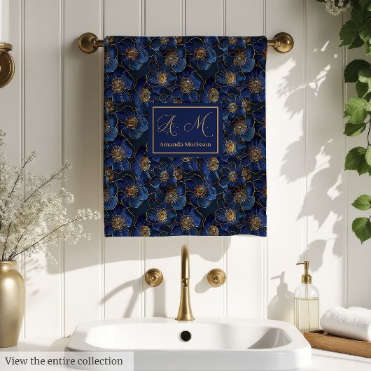Personalized Royal Blue Towels Chic Gold Flower バスタオルセット