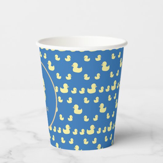 Personalized Rubber Duck Modern Blue Baby Shower 紙コップ (裏面)