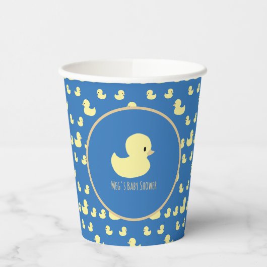 Personalized Rubber Duck Modern Blue Baby Shower 紙コップ (左)