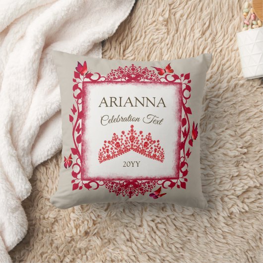 Personalized Ruby Red Tiara & Butterflies クッション (ブランケット)