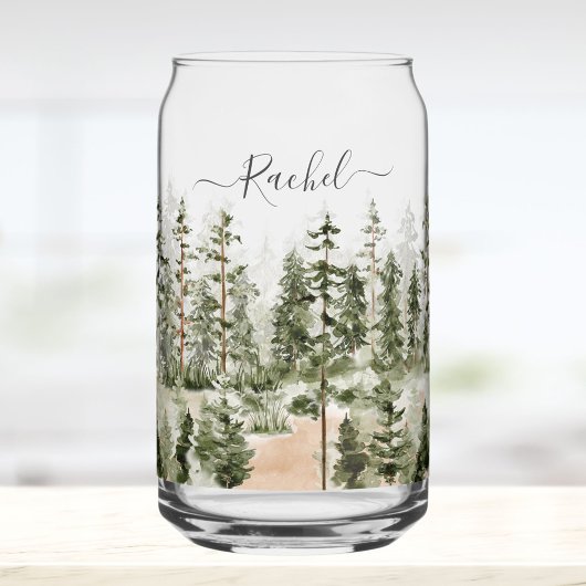 Personalized Rustic Watercolor Green Forest ガラス缶
