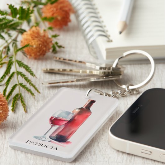 Personalized Rustic Watercolor Red Wine Glass キーホルダー (正面右)