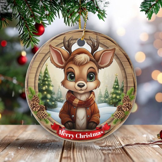 Personalized Rustic Xmas Pine Wood Decor 🦌🎄 セラミックオーナメント