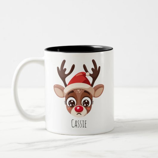 Personalized Sad Reindeer Mug – Custom Name Gift ツートーンマグカップ (左)