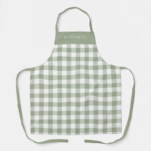 Personalized Sage Green Gingham Check Pattern エプロン (正面)
