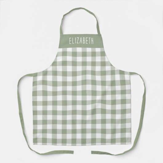 Personalized Sage Green Gingham Check Pattern エプロン (正面)