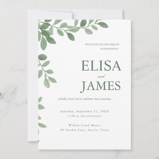 Personalized Sage Green Minimal Botanical Wedding  招待状 (正面)