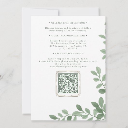 Personalized Sage Green Minimal Botanical Wedding  招待状 (裏面)