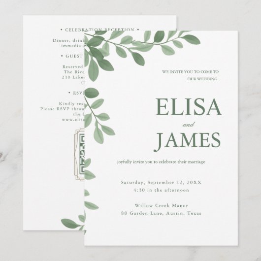 Personalized Sage Green Minimal Botanical Wedding  招待状 (正面/裏面)