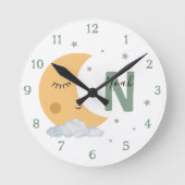 Personalized Sage Green Moon Nursery Clock Custom ラウンド壁時計 (正面)
