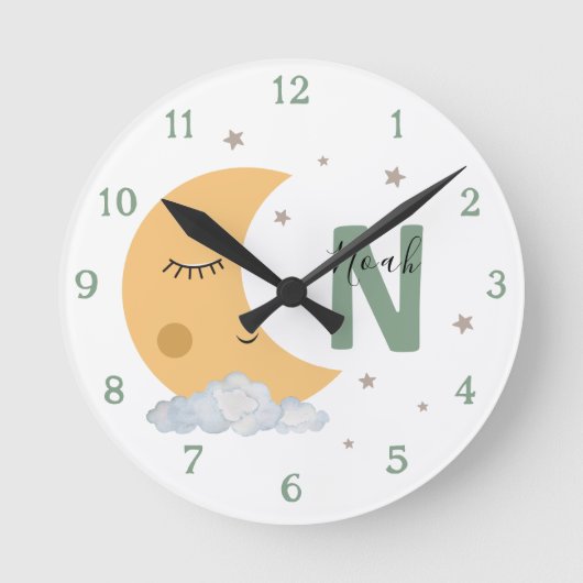 Personalized Sage Green Moon Nursery Clock Custom ラウンド壁時計 (正面)