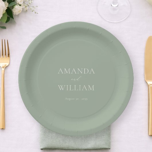 Personalized Sage Green Wedding Paper Plates ペーパープレート