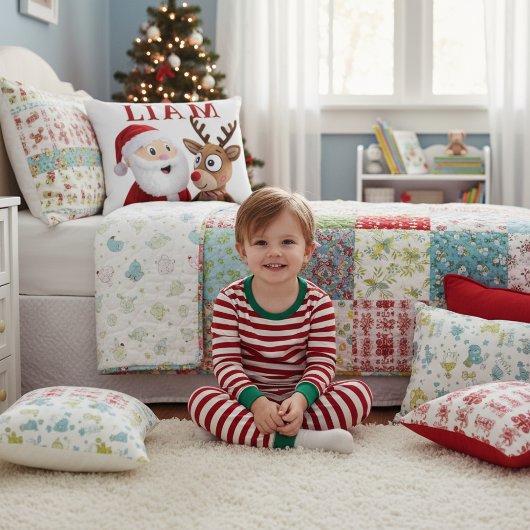 Personalized Santa and Reindeer Christmas アクセントクッション