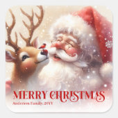 Personalized Santa and Rudolph Cute Christmas Kids スクエアシール (正面)