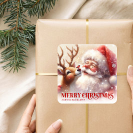 Personalized Santa and Rudolph Cute Christmas Kids スクエアシール