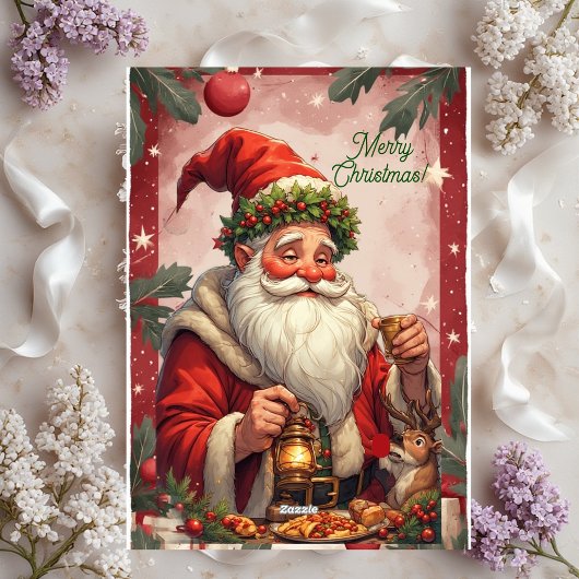 Personalized Santa Claus North Pole Reindeer Red  シーズンカード