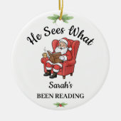 Personalized Santa Reading Ornament for Book Lover セラミックオーナメント (正面)