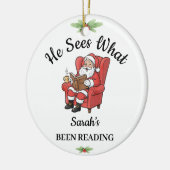 Personalized Santa Reading Ornament for Book Lover セラミックオーナメント (左)