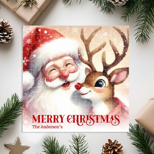 Personalized Santa Rudolph Snowy Christmas Puzzle ジグソーパズル