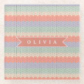 Personalized Scandinavian Pastel Knit Pattern Name ガラスコースター (正面)