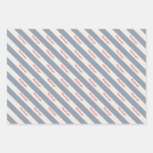 Personalized Script Name Blue Cream Candy Stripe ラッピングペーパーシート (正面)