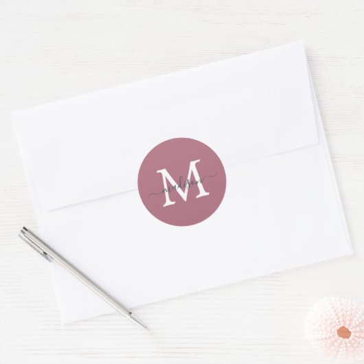 Personalized Script Name Monogram Dusty Rose ラウンドシール (封筒)