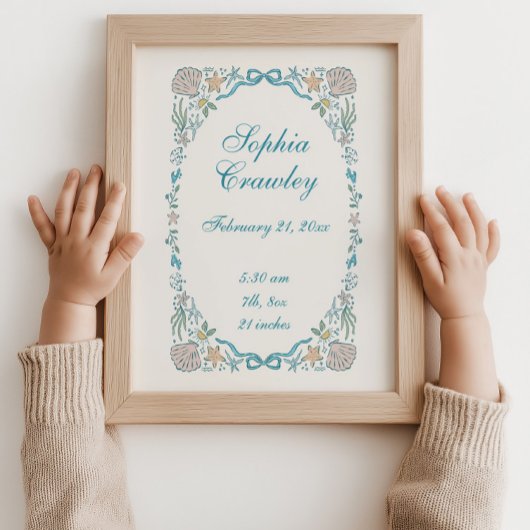 Personalized Seashells Ribbon Birth Info Poster ポスター