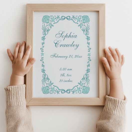 Personalized Seashells Teal Birth Info Poster ポスター