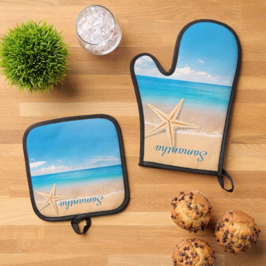 Personalized Seaside Kitchen Mitt & Pot Set 鍋つかみ&鍋敷きセット (トップダウン)