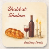 Personalized Shabbat Shalom Watercolor Coaster  コースター (正面)