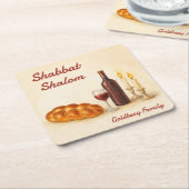 Personalized Shabbat Shalom Watercolor Coaster  スクエアペーパーコースター (アングル)