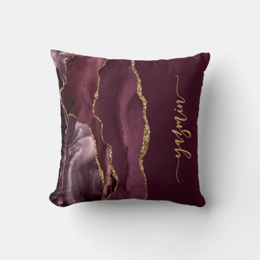Personalized Signature Burgundy Red Gold Agate クッション (正面)